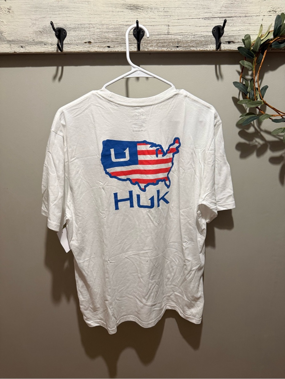 Huk White Short-Sleeve Tee with Red & Blue USA Map Graphic